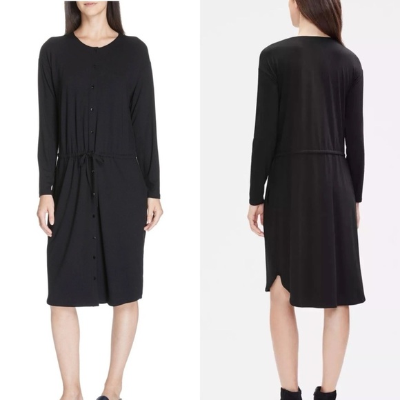 Eileen Fisher Black Jersey Button-Front Drawstring Waist Dress Large​​ - Picture 2 of 14